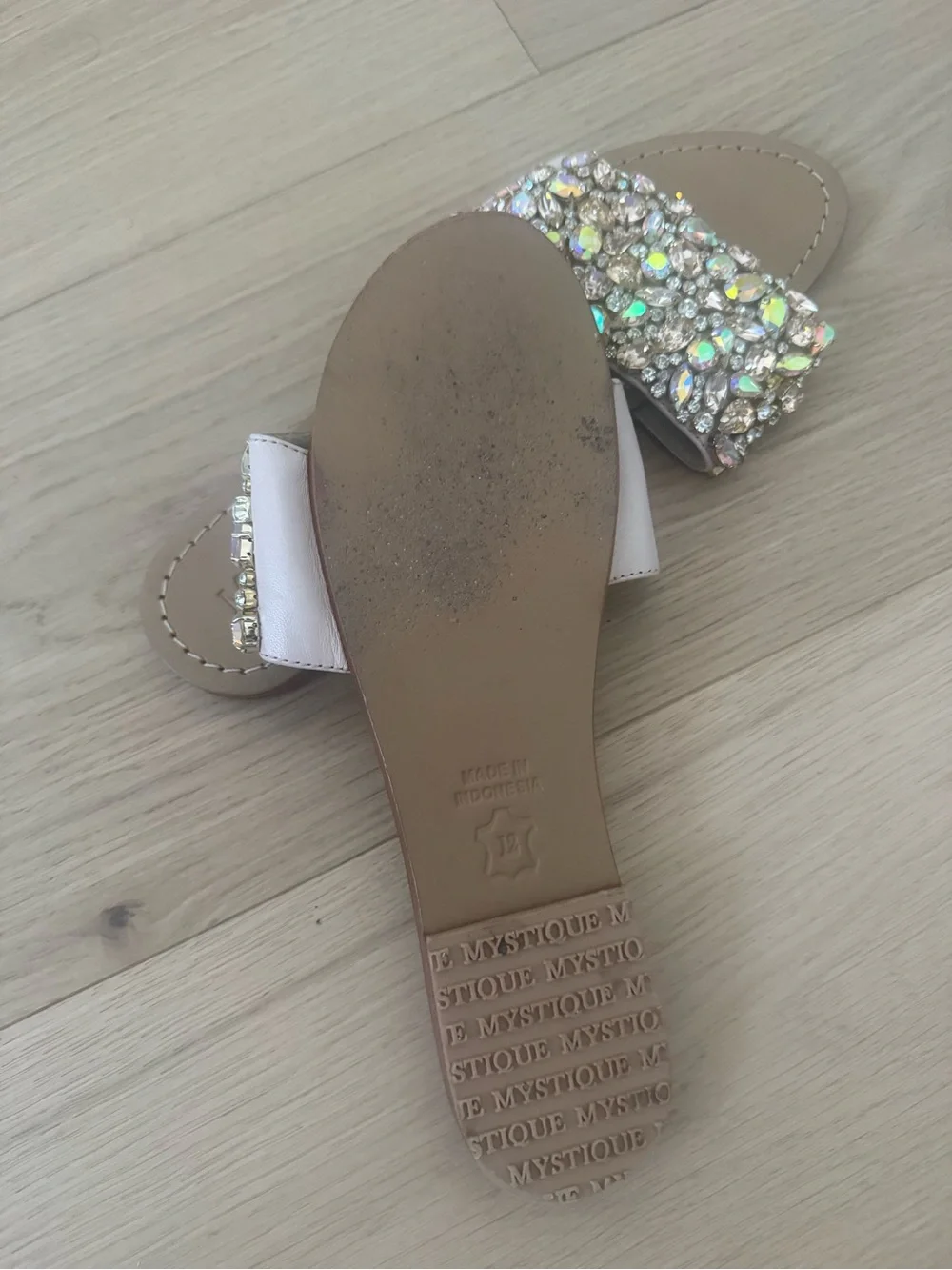 Bejeweled Nude Slide Sandals with Iridescent Stones